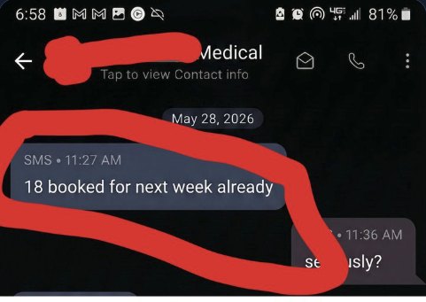 Text from a clinic: 18 booked for next week